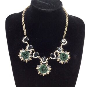 Glam Green Floral Rhinestone Statement Necklace